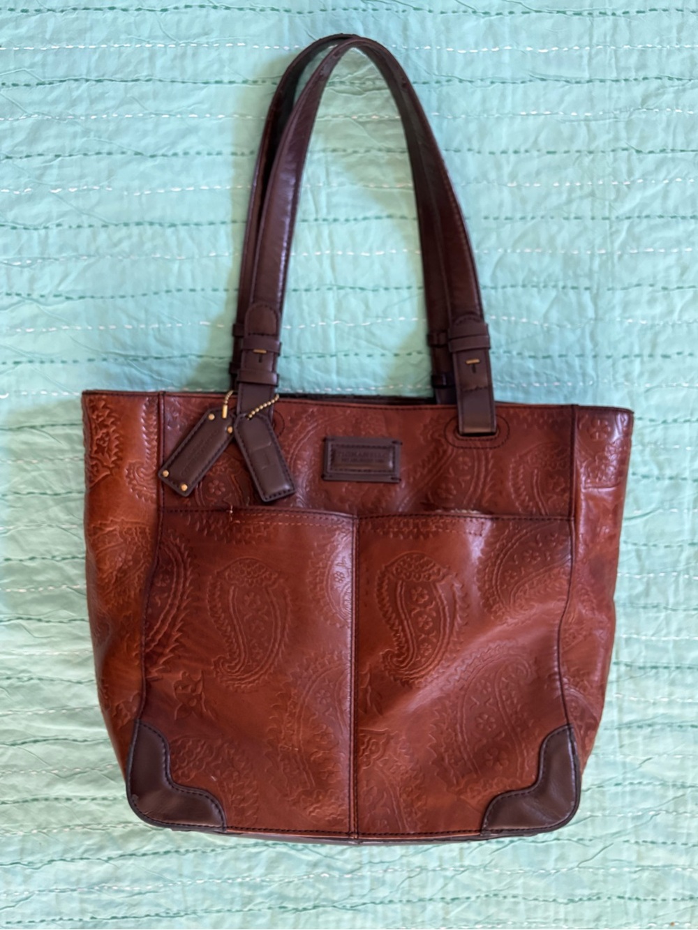 Vintage 2000s Tignanello Tooled 100% Leather Tote Boho Western Broken in.